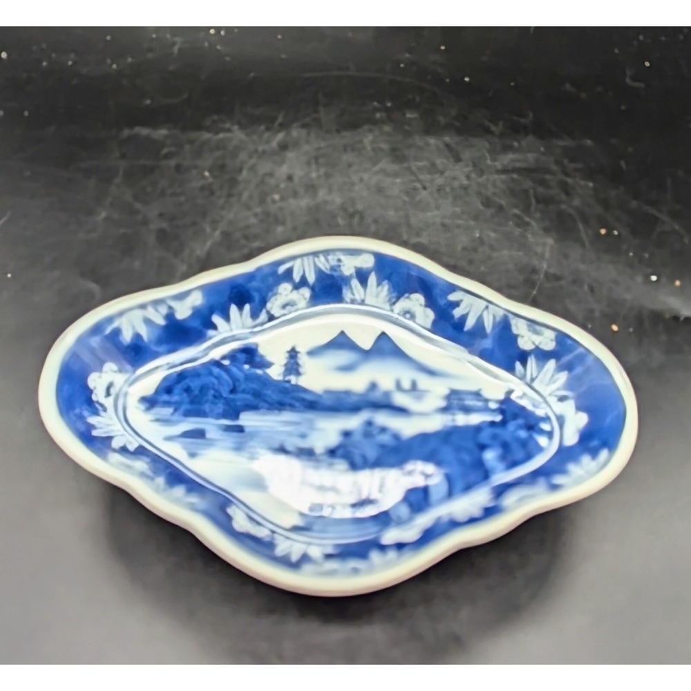 Vintage Japanese Blue & White Porcelain Footed 8" Oval Trinket Candy Dish